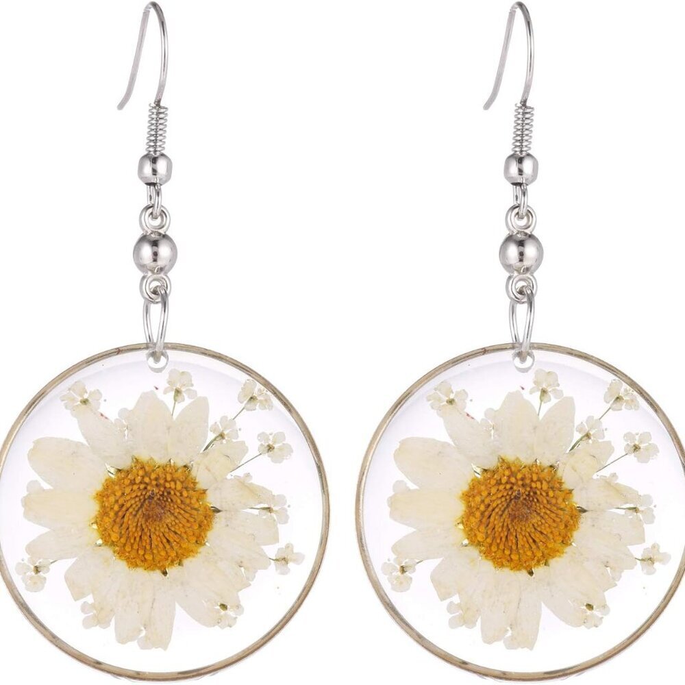 Multi-Colored Pressed Daisy & Queen Anne's Lace Flowers 1.14" Round Circle Drop